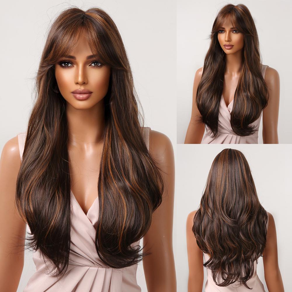 Orange Ginger Synthetic Wig Long Water Wavy Wigs For Women With Bangs Halloween Cosplay Party Daily Natural Heat Resistant Wig