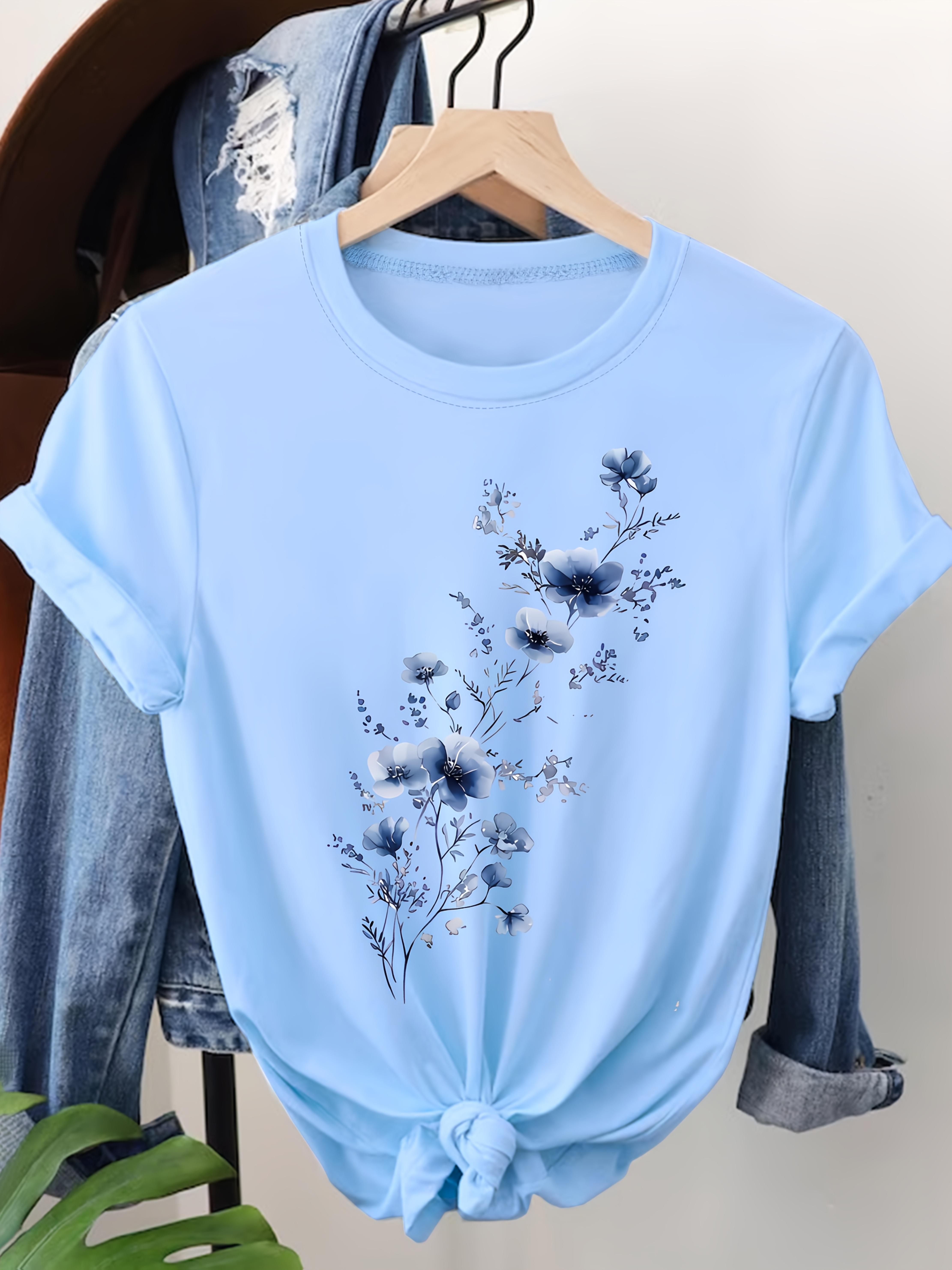 Floral Pattern T-Shirt - Casual Short Sleeves. Blue Flowers. Round Neck. Breathable. Spring And Summer Women S S