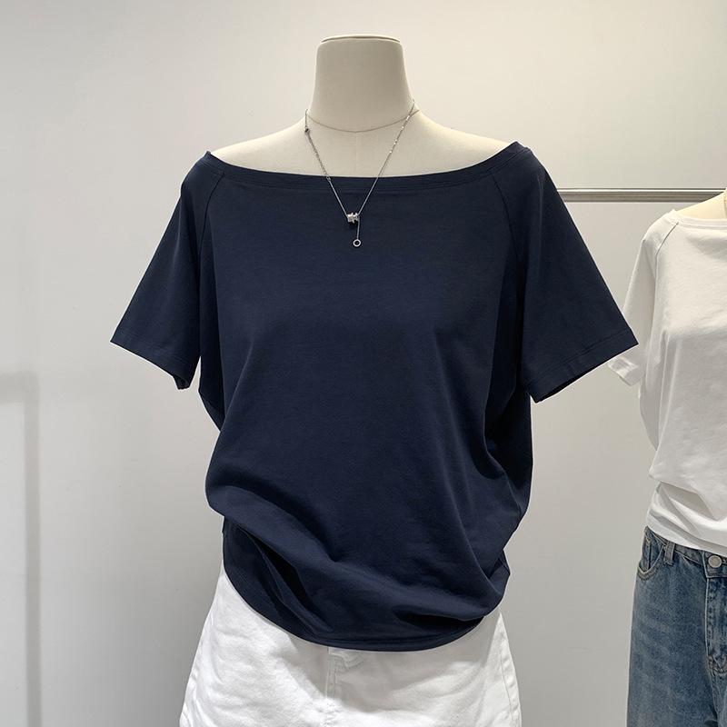 Women's Off-Shoulder Black Cotton Long-Sleeve T-Shirt, 2025 Spring/Autumn/Winter Collection