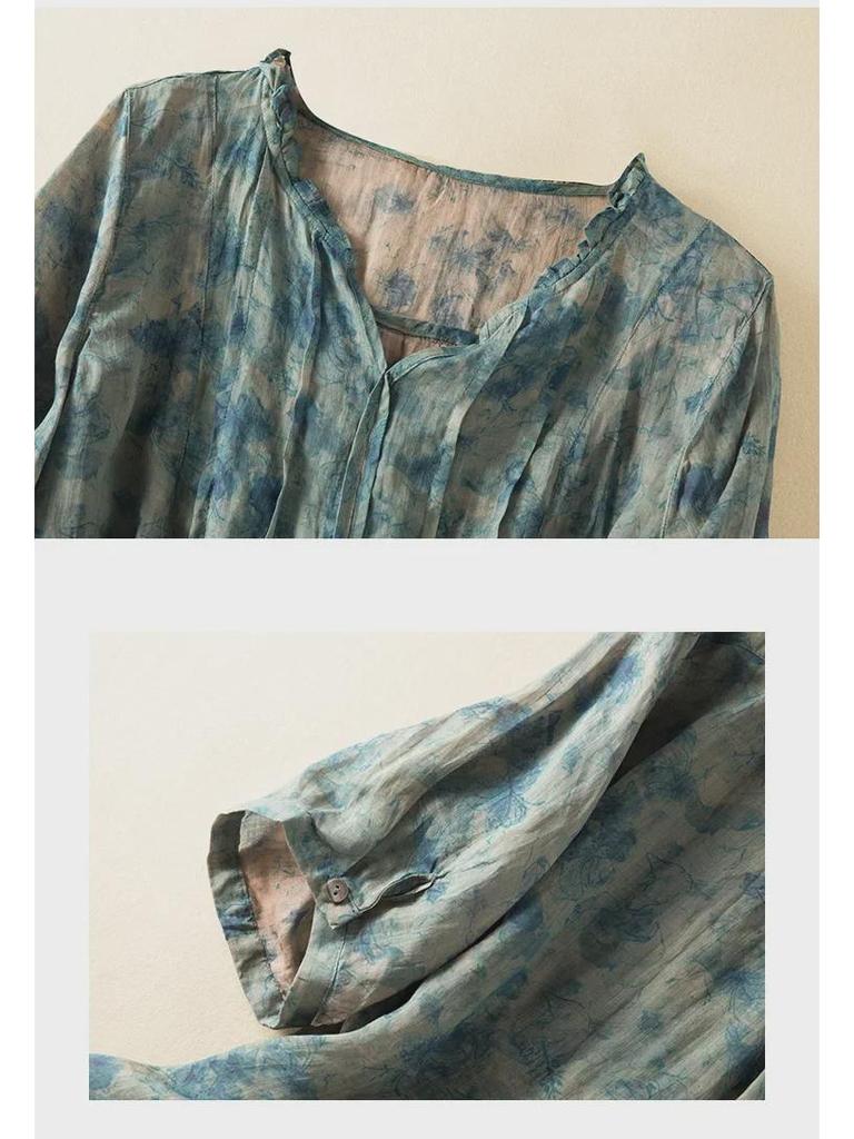 Sommerliches Ramie-Leinenhemd mit Blumenmuster und Ohrkragen