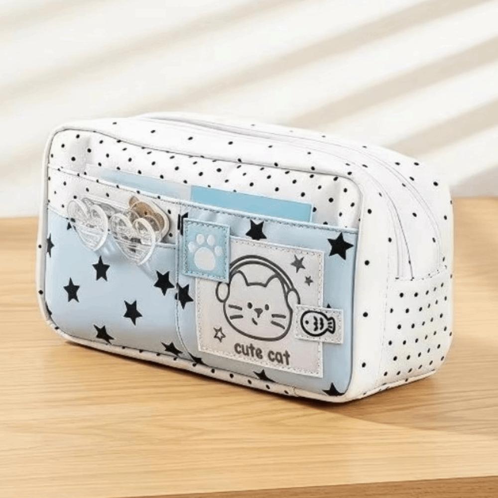 Cat Pattern Pencil Bag Blue Polka Dot Stationery Bag Stationery Organizer Pencil Case  Office
