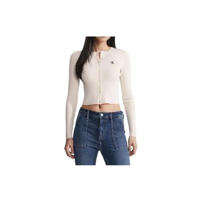 Einfarbiger Strick-Cardigan mit Buchstabenstickerei, Rundhalsausschnitt, einreihiger Knopfleiste und langen Ärmeln für Damen, Pullover, Milchweiß J223846-YBI