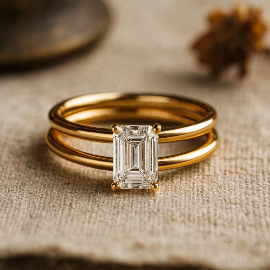 

Emerald Cut Moissanite Wedding Ring, Double Band Engagement Ring, Statement Gift for Her K серебряный