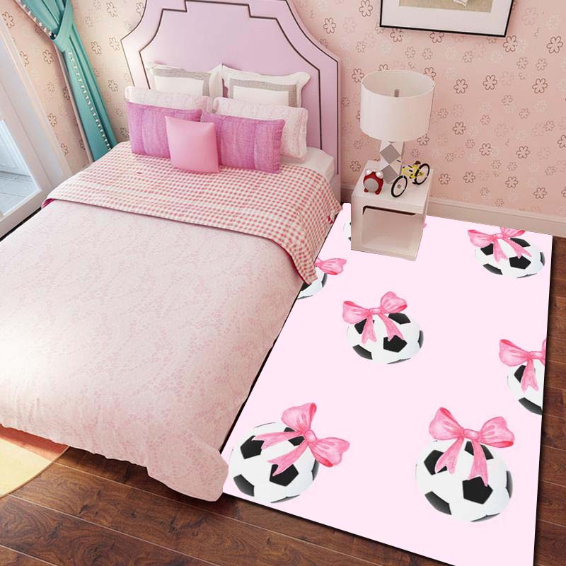 Pink Bow Soccer Rug – Girly Bedroom Floor Mat – "Sweet-Cool" Style Sports-Themed Non-Slip Bedside Mat
