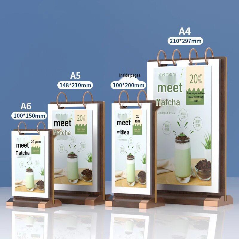 

A4 PVC Menu and Order Display Stand Metal Walnut Page-turning Table Card - 100x150mm