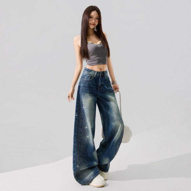 Spring Summer Fashion Rhinestone Cat Whisker Accent Low Waist Relaxed Wide Leg Trendy Denim Pants Women Casual Pants Oversize Denim Trousers
