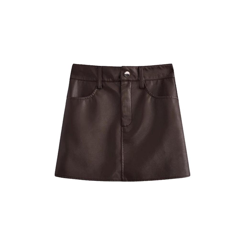 Women's 2024 PU Leather High-Waist A-Line Mini Skirt - Black, Autumn/Winter Collection