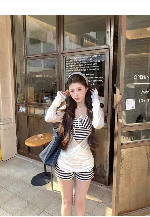 2026 Trendy Women's Long Sleeve Striped Swimsuit Cover-up with Sun Protection and Bikini Set