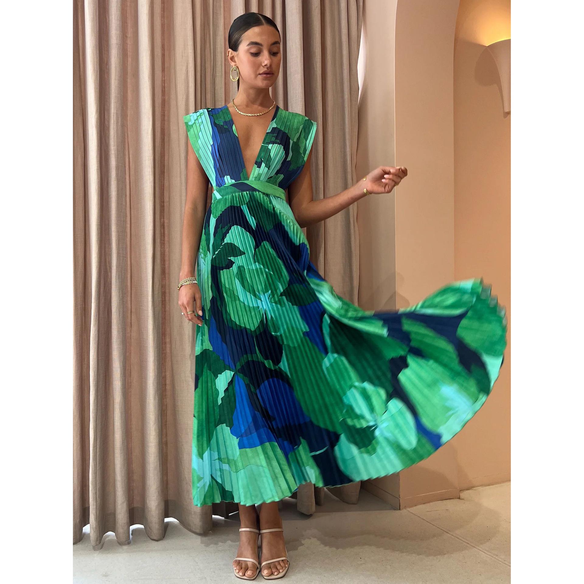 2026 Europe Spring/Summer Women s Pleated Sleeveless Casual Dress L зелёный