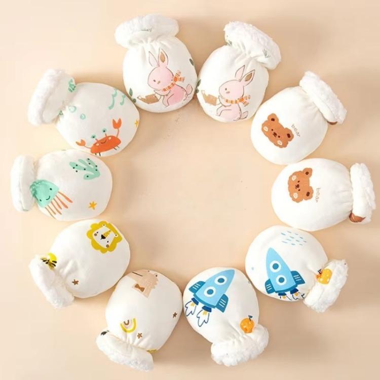 Newborn Baby Mittens 0-24 Months Cartoon Winter Warm Scratch Proof Gloves with Fleece Lining Chewable Teething Hand Protection