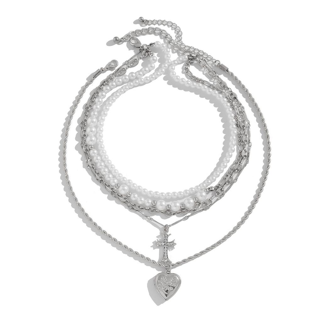 Fashion Diamond-Encrusted Cross Peach Heart-Shaped Necklace, Simple Imitation Pearl Beaded Collarbone Necklace For Women