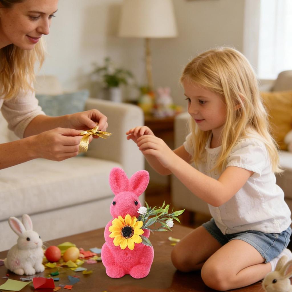 Flocked Bunnies Compact Rabbit Figure Art Moss Bunny Decor For Family Friends Holiday Home Indoor Bedroom Shelf Cabinet Entrance