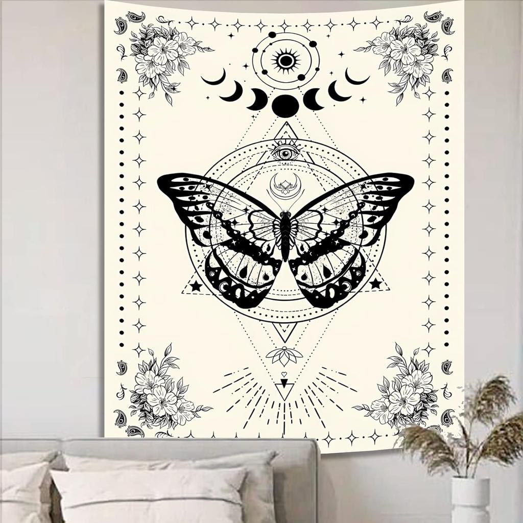 Avinyl Black and White Butterfly Tapestry for Bedroom Vintage Flower Large Moon Tapestries Wall Hanging Cute Tarot Poster for