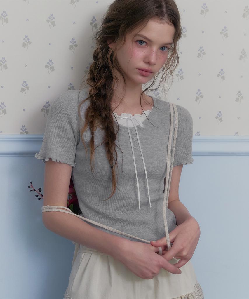 Teuwi Bet Ribbon Color Block Layered Short Sleeve Knit