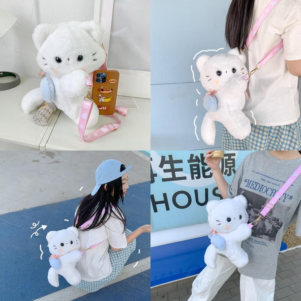 Scarf Cute White Cat Plush Doll Cartoon Shoulder Bag With Detachable Strap