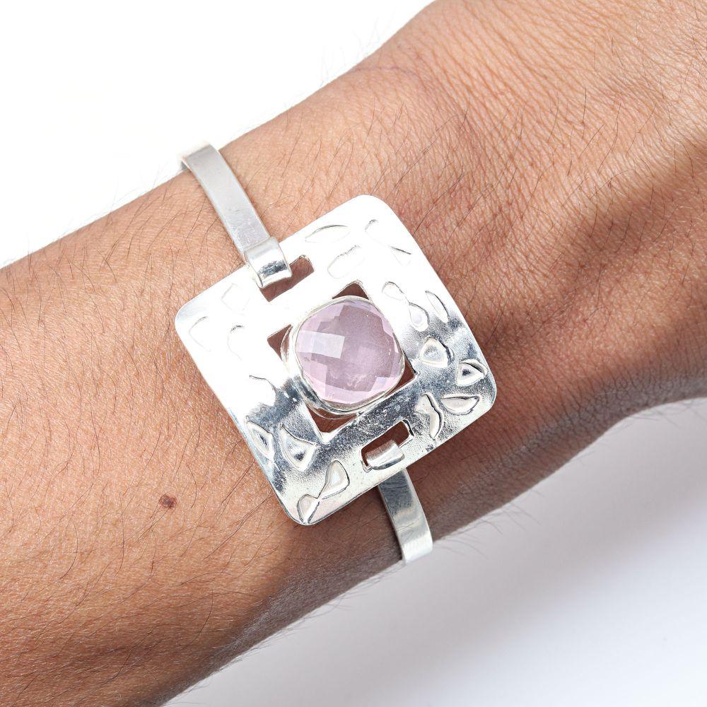 Pink Rose Quartz Gemstone Handmade Jewelry Cuff Bracelets 7''Adjustable