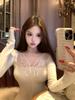 Threaded Pure Desire Lace Patchwork Sexy Apricot Long Sleeve Women's Slimming Winter Top