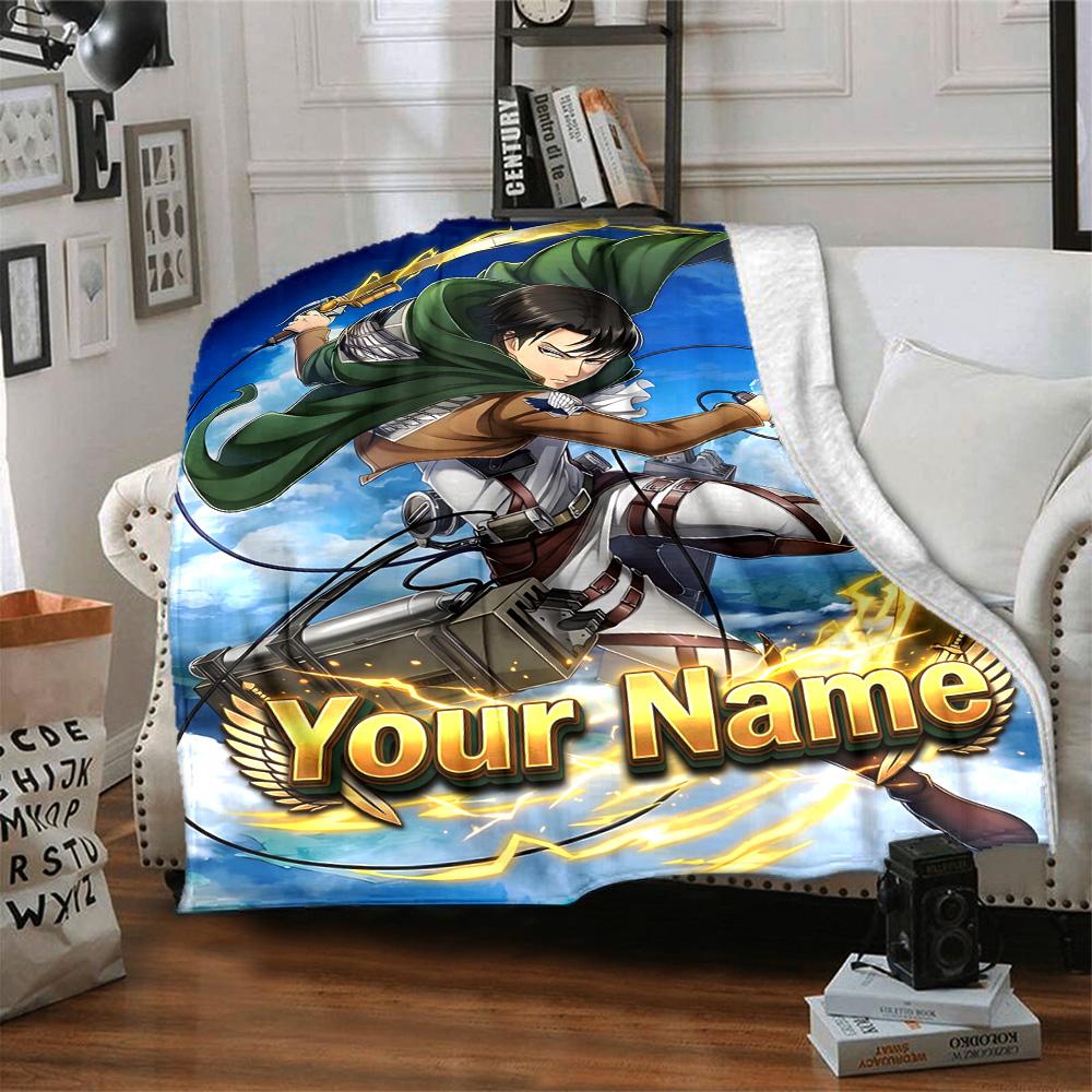1pc Attack on Titan Blanket with Custom Name, Gift, for Men and Women, Soft Blanket, Good for Sofa Bed Couch Travel, Lightweight Flannel Blanket