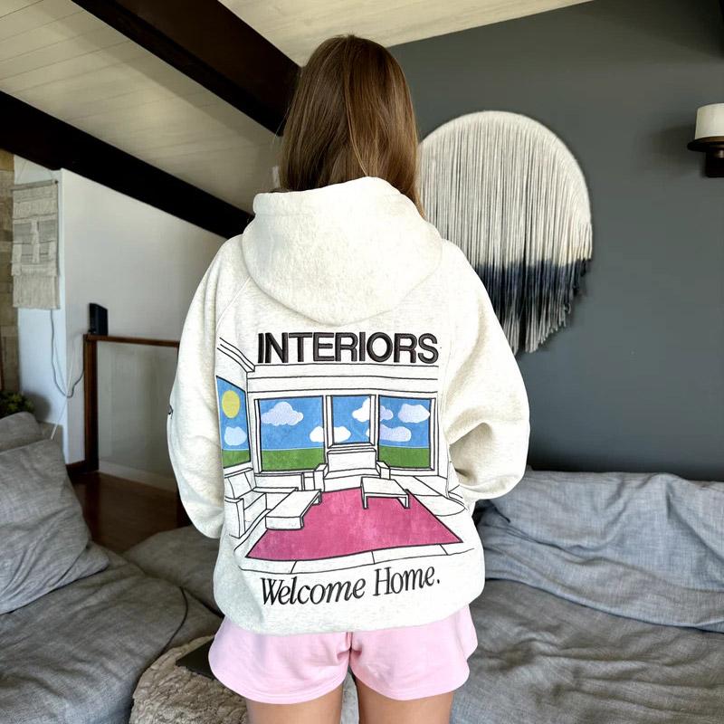 Kvinner Tykk Langermet Høst og Vinter O-Hals Hettegenser Vintage Blomsterprint Mote Løse Sweatshirts med Lomme