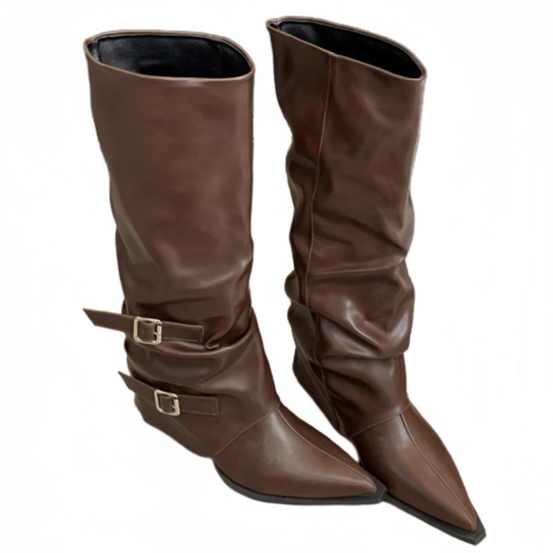 Stivali a punta con fibbia e plissé stile punk primavera/autunno stivali da cavaliere tacco medio stivali a tubo alto stile strada