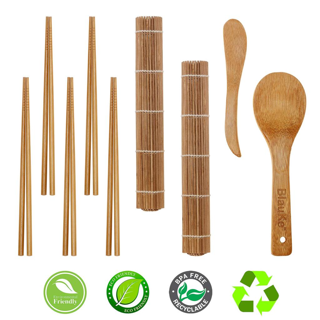 BlauKe® Sushi Making Kit – 2 Bamboo Sushi Rolling Mats, 5 Pairs Chopsticks, Rice Paddle, Spreader – Beginner Sushi Maker Kit
