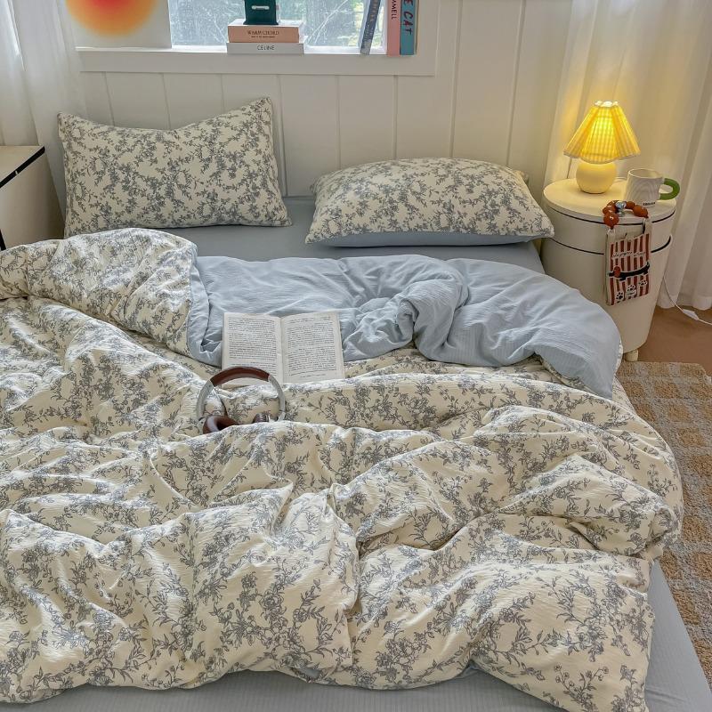 Double-layer yarn printing four-piece set, student dormitory three-piece set, bed sheet quilt cover, bedding