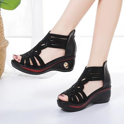 New Fashion Wedge Rhinestones Sandals Women Summer Shoes Elegant Rome Hollow Out Sandals Black Soft Bottom Wedge Heels