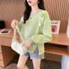 Pull Tricot Vert Clair à Décorations Florales pour Femmes - Pull à Capuche Décontracté Lâche à Manches Longues