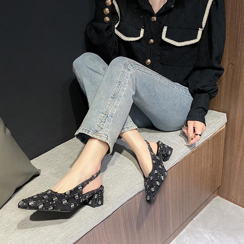 2025 Spring and Autumn New Niche Design Denim Back Empty High Heels Pointed Head Shallow Mouth Single Shoes Thin Heel Bag Head