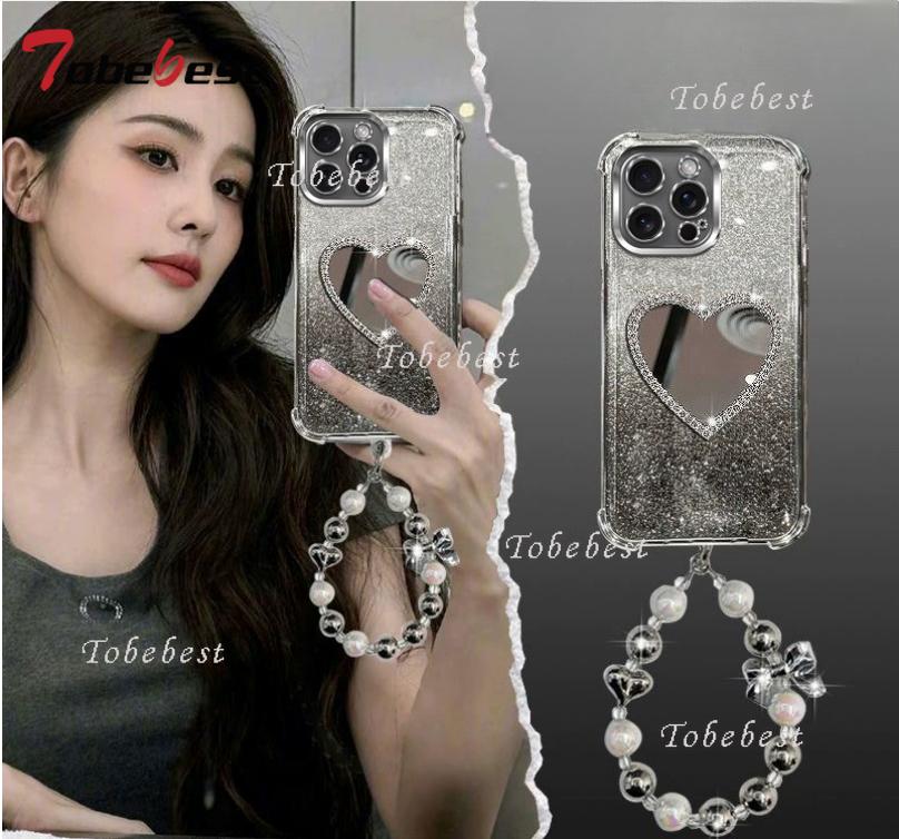 Glitter Plating Love Mirror Bracelet Case for iPhone 16 16E 15 14 Plus 13 12 Mini 11 Pro XS Max XR X Shockproof Silicone Cover