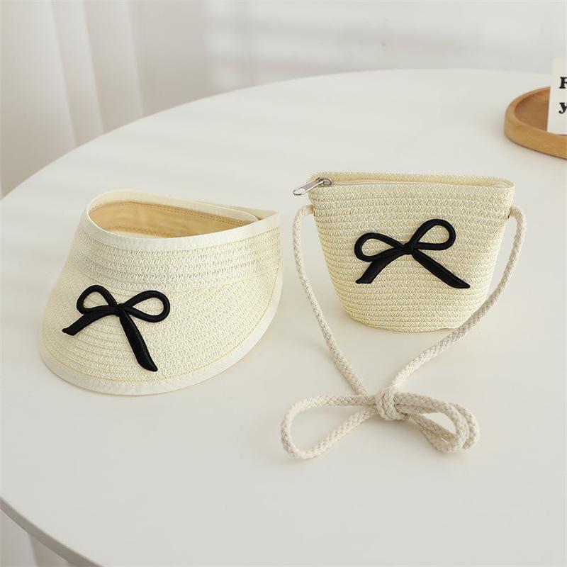 

Small Fresh Cute Black Bow Children s Empty Top Straw Hats Sweet And Beautiful Girls Summer Outdoor Sunshade Grass Weaving Set Children