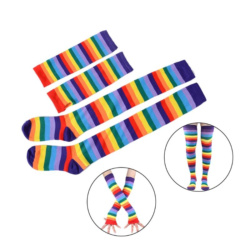 Colorful Rainbow Stockings Cute Thigh Over Knee Dance Socks Striped Arm Warmer Gloves Christmas Gifts Cosplay Costume