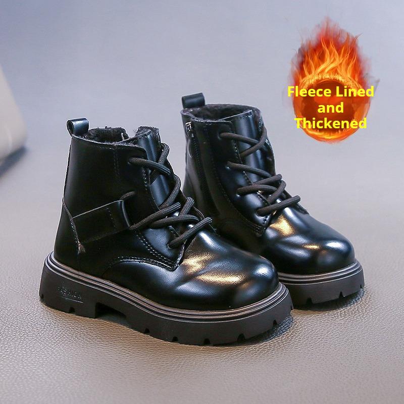 Girls' Handsome Leather Boots Fashionable and Comfortable Leather Shoes Fashionable and Versatile Short Boots Plush Cotton Boots