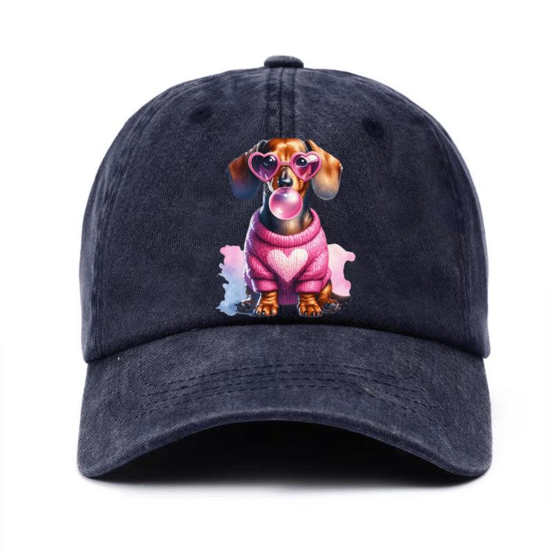 Dachshund Dog Bubble Gum Pink Heart Glasses Print Baseball Cap Cotton Adjustable Casual Hat