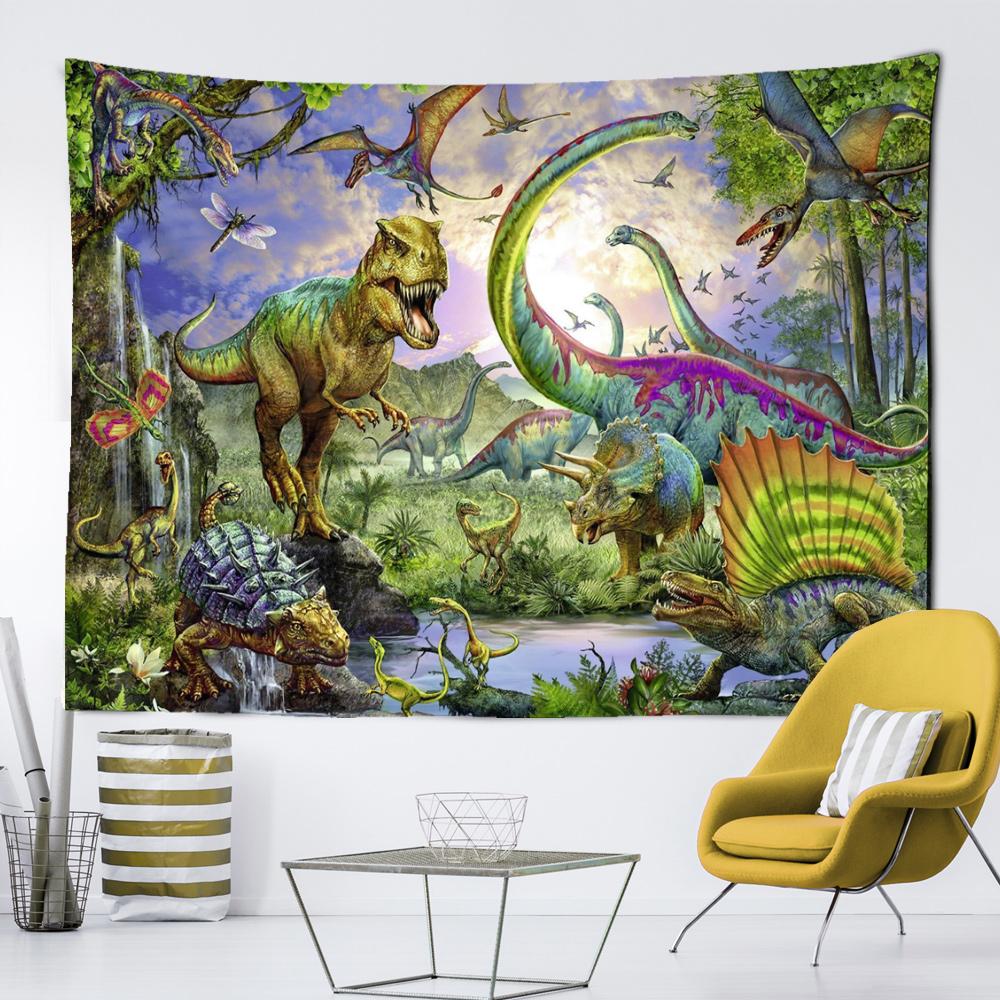 Cartoon Animal World Tapiserie Dinosaur Ilustrace Nástěnná závěsná místnost Hippie Dekor Obývací pokoj Ložnice Bohémský