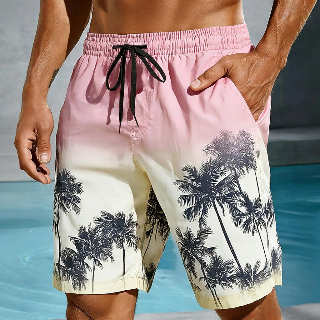 Men's Board Shorts Gradient Multicolored Palm Tree 3D Print Casual Beach Shorts Summer Casaul Vacation Lightweight Sport Shorts