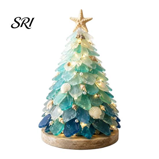 Meerglas-Patchwork-Sets Weihnachtsbaum-DIY-Set, 3D-Tierbastelset Einzigartige Geburtstagsgeschenke für Sie mit LED-Lichtern, Küstenstil Beleuchteter Schmuck Zuhause beige