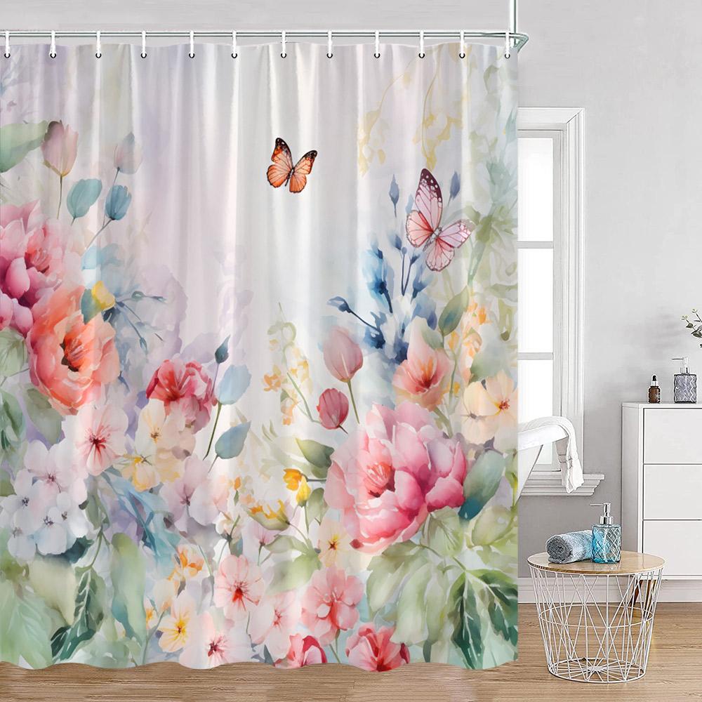Watercolor Flowers Shower Curtains Colorful Flower Green Plants Botanical Bathroom Decorations Modern Aesthetic Bath Curtains