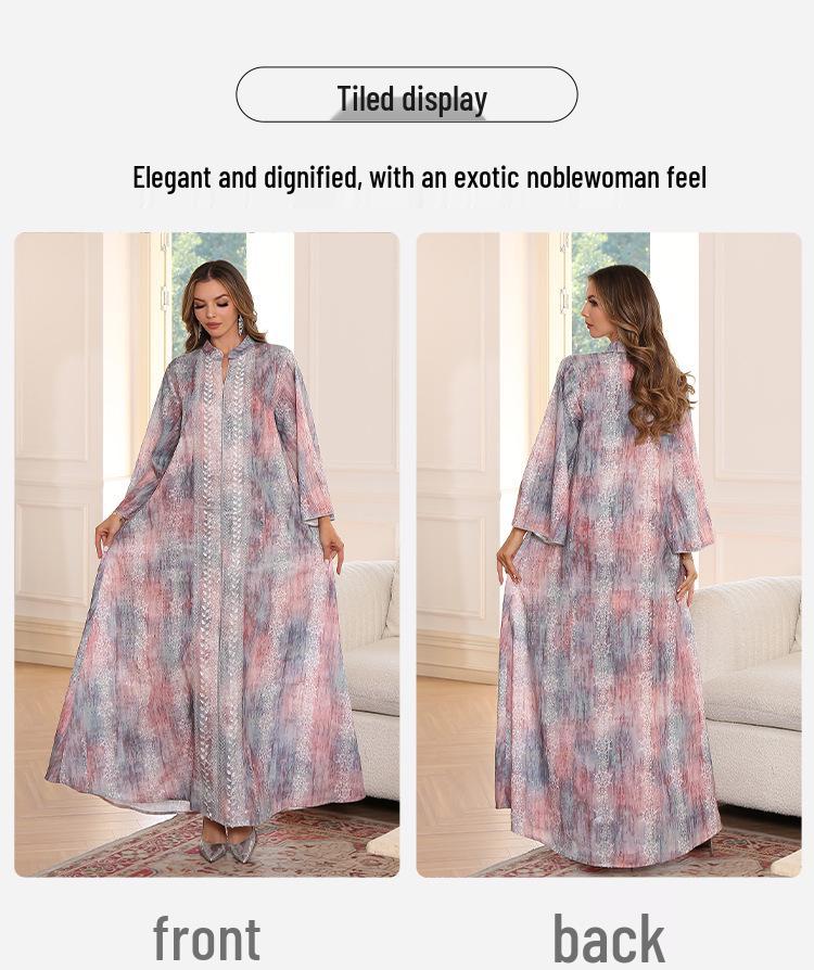 Elegantní abája s potiskem flitrů: Módní dlouhé islámské šaty pro ženy