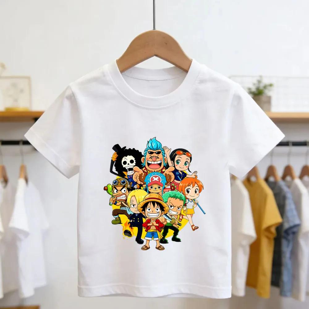 2026 One Piece Anime Mens Cotton Top Boy Summer Short Sleeve Childrens Luffy One Piece Cartoon Print Tshirt Kids Clothes
