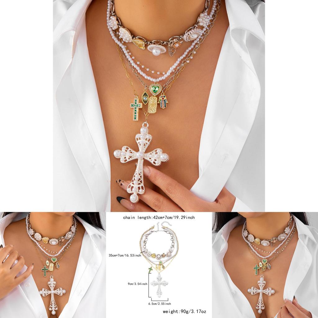 Style Layered Cross Pendant Necklace With Rhinestone Embellishments For Women