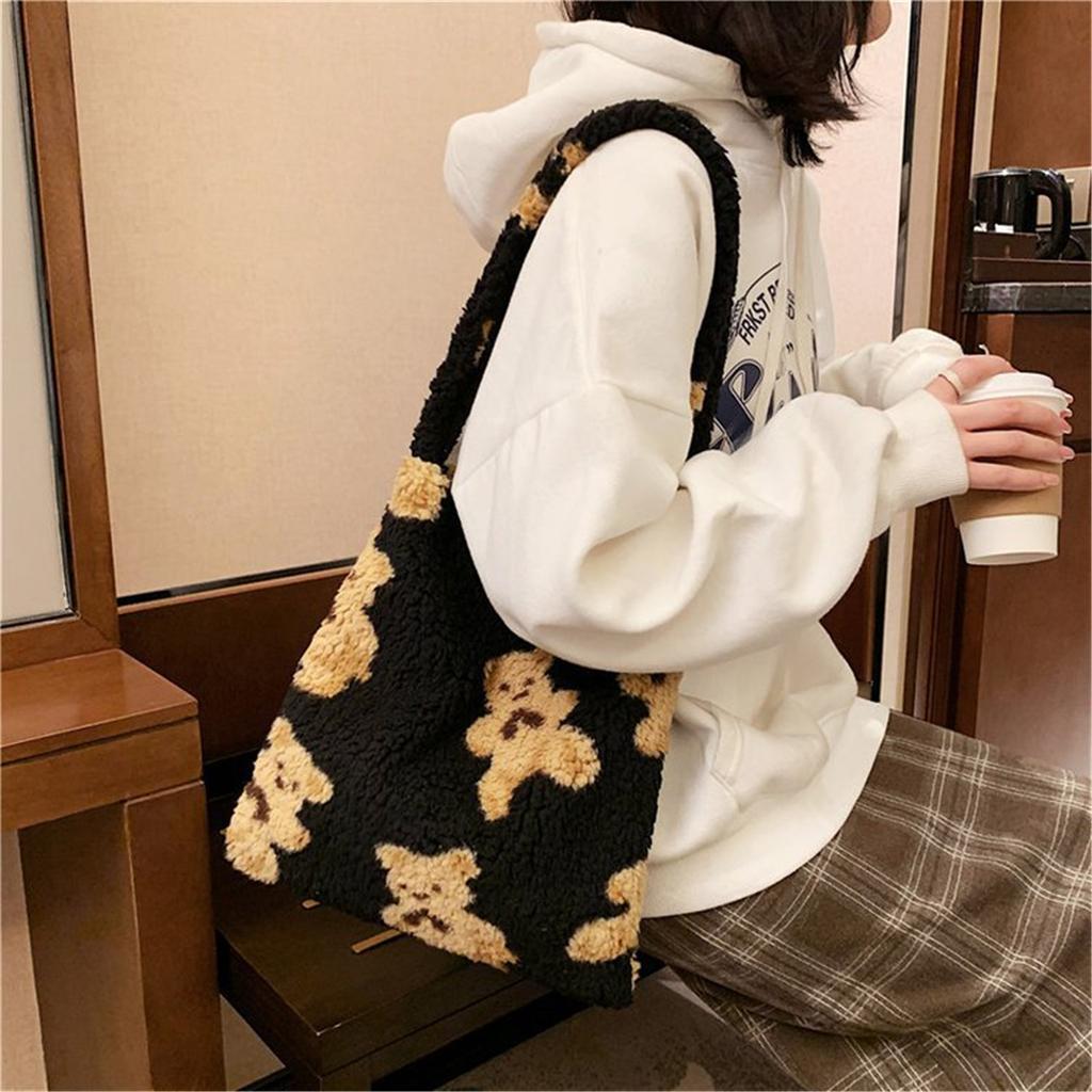 MODE Trendy Frauen Große Kapazität Plüsch Samt Einkaufstasche Cartoon Bär Schulter Tasche Herbst Und Winter Handtasche Mädchen 2024 Neue Jahr geschenke