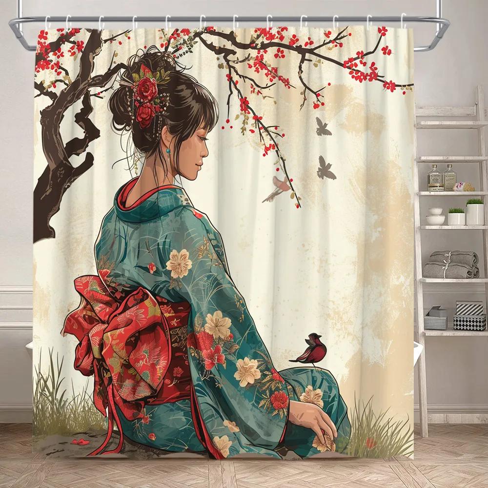 Azjatka Zasłona Prysznicowa Japońskie Kimono Kwiat Wiśni Krajobraz Malarstwo Tuszem Sztuka Poliester Tkanina Dekoracja Łazienki Zestaw Zasłon