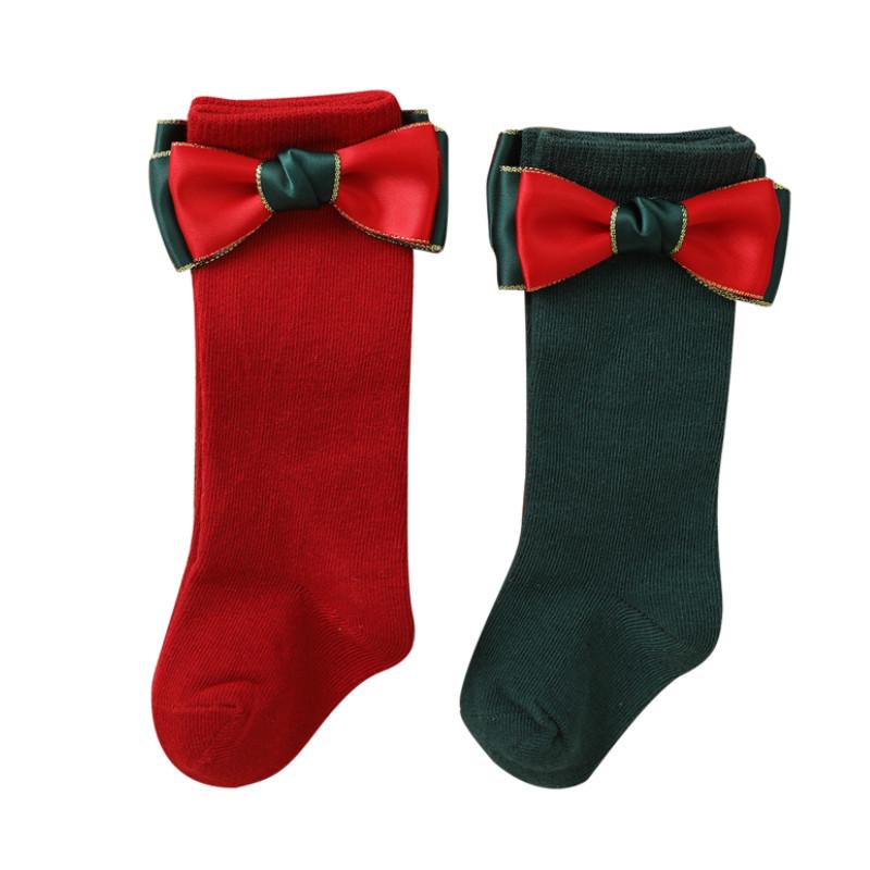 2 Paar Kinderweihnachtssocken, mittelhohe Socken mit Schleifendekoration für Kleinkinder, Mädchen, Jungen, 0-4 Jahre