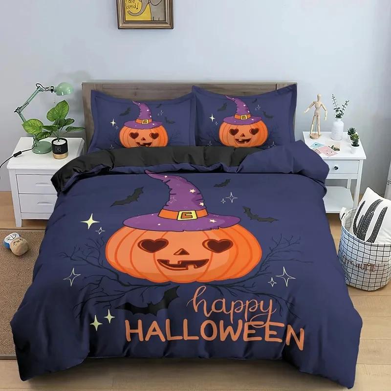 Happy Halloween King Queen Duvet Cover Orange Pumpkin Bedding Set Boys Teens Adults Bats Horror Festival Polyester Quilt Cover