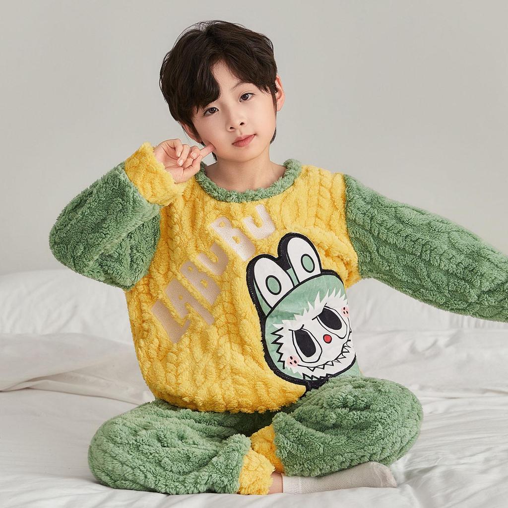 New Boys' Flannel Pajama Set - Warm Autumn/Winter Coral Fleece