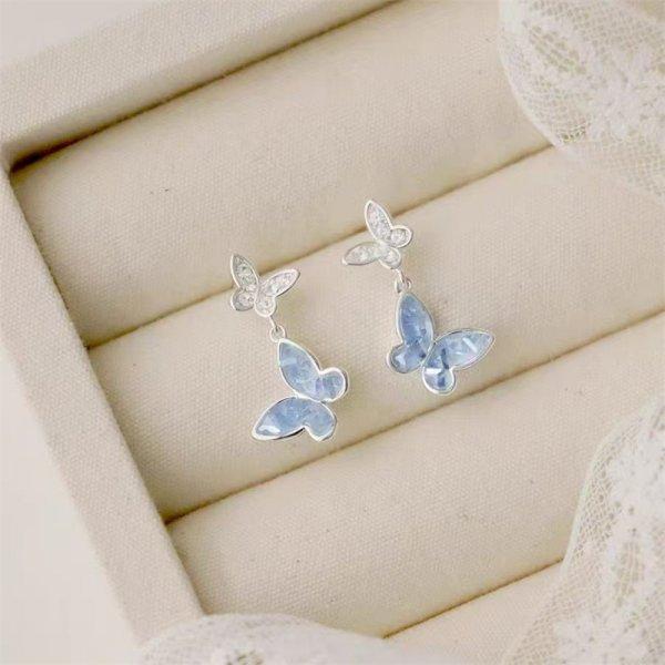 Trendy Blue Color Crystal Butterfly Jewelry Set Adjustable Bracelet Earrings Necklace Ring for Women Handmade Jewelry Gift