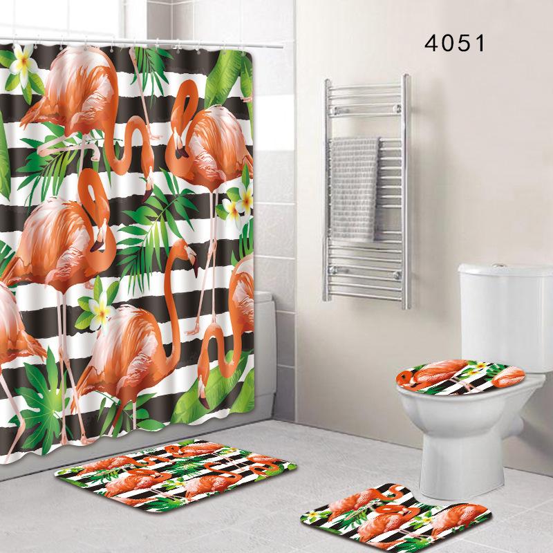 Flamingo Bathroom Shower Curtain Floor Mat Toilet Cover Foot Mat Four-Piece Pattern Size