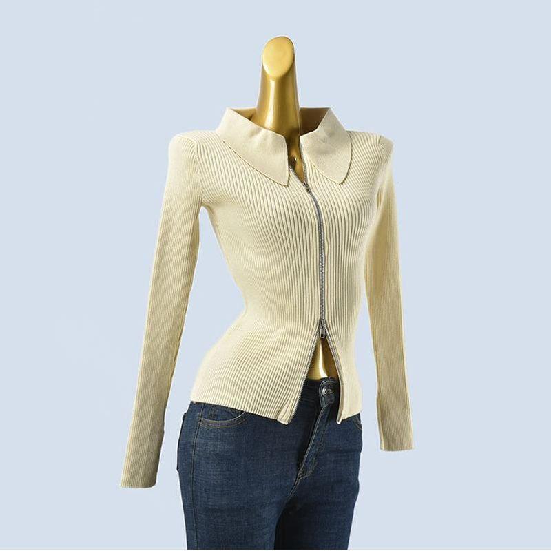 Stylish Double Zipper Knitting Cardigan Female Spring & Fall New Arrival Silm Slim Looking Lapel Long Sleeve Bottoming Top Outwear