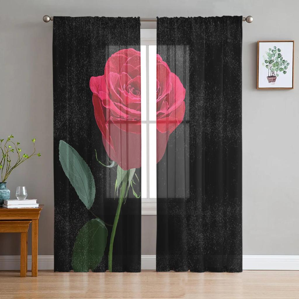 Valentine'S Day Flower Red Rose Flower Tulle Curtains for Living Room Kitchen Sheer Voile Curtain Bedroom Window Panels